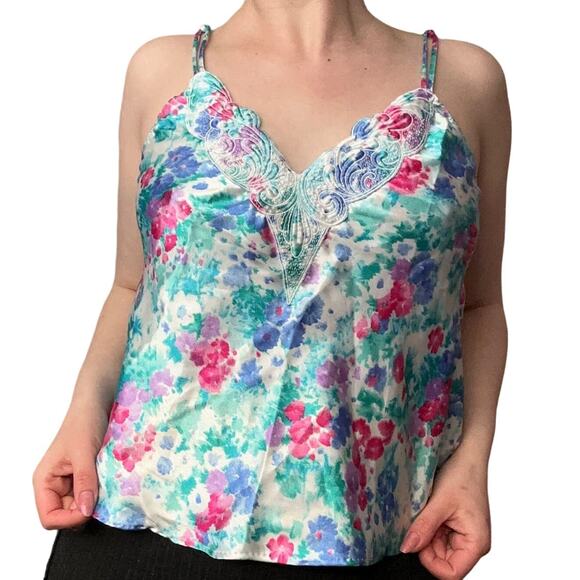 Cinema Etoile Vintage Satin Tank Top French Cut Blue Floral Lace Embroidered - Picture 2 of 11